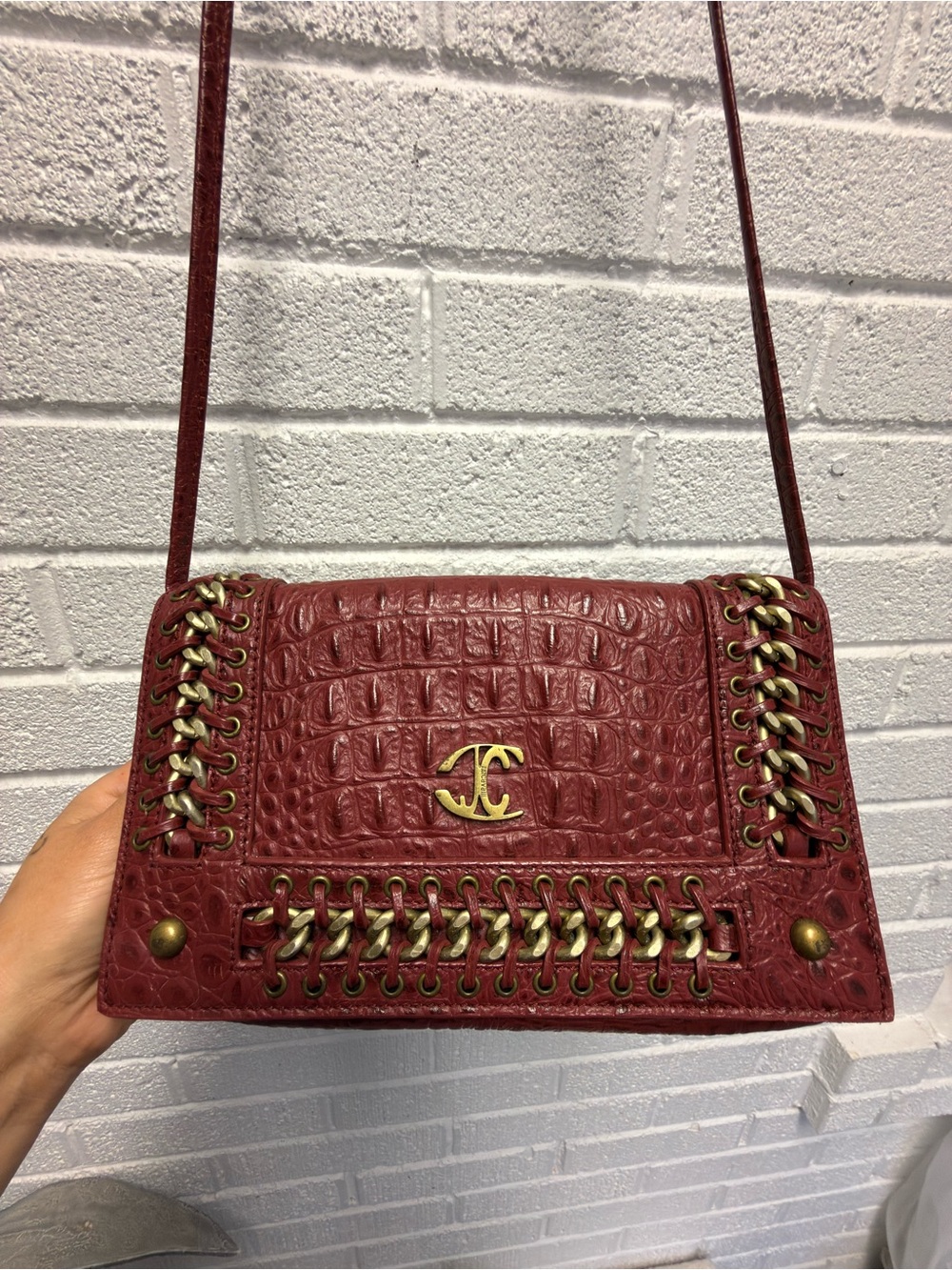 Just Cavalli Burgundy Croc-Embossed Shoulder Bag with Gold Chain Trim Vintage